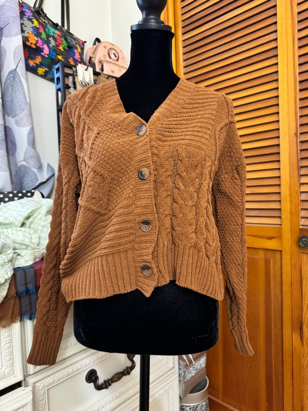 Poof! Rustic Brown Cable Knit Button Front Cardigan